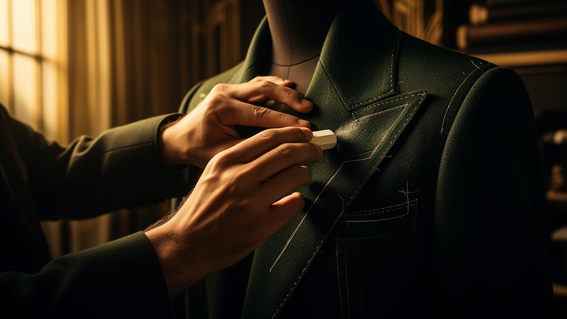 A master tailor chalking the lapel of a basted jacket