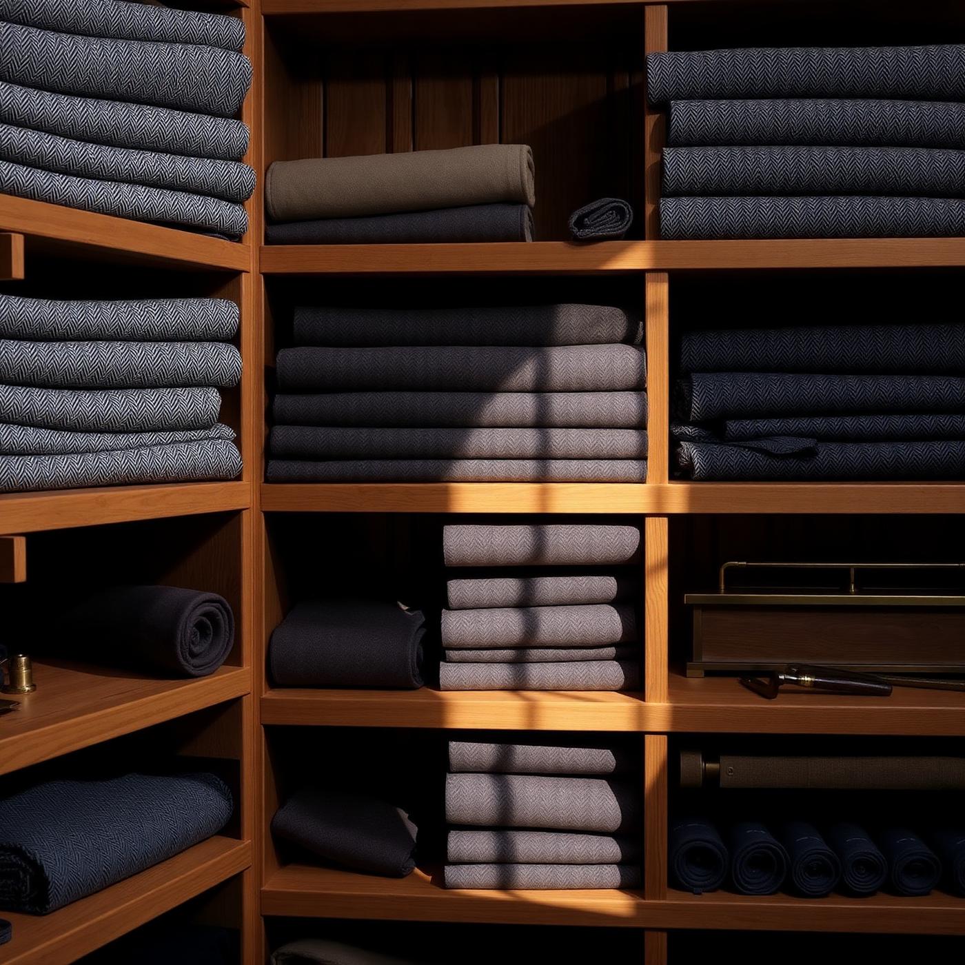 Stacked rolls of fine wool inside the Gatsby atelier